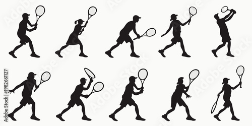 Collection of tennis player silhouettes in different athletic stances and swings with silhouette competition exercise training professional tournament activity recreation lifestyle