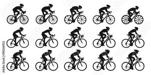 Set of black silhouettes of professional cyclists riding racing road bicycles in various positions and side views with silhouette competition activity exercise training roadster equipment