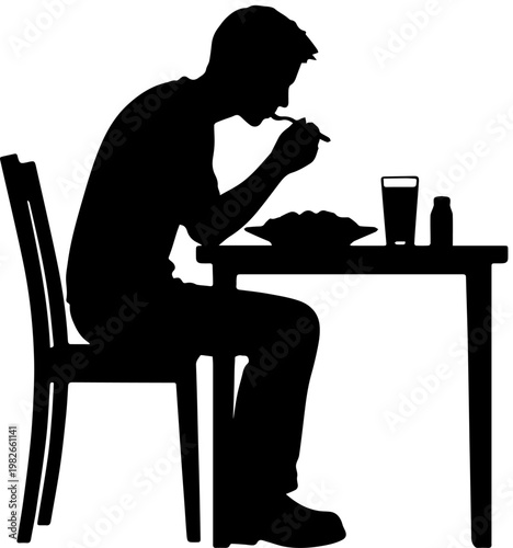 Silhouette of a man sitting at a table and eating a meal with a spoon profile view black and white vector