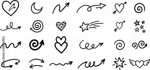 Collection of hand drawn black and white doodles featuring hearts arrows stars and swirls on a white background