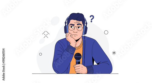 Confused Podcaster with Headphones and Microphone, Question Mark Illustration