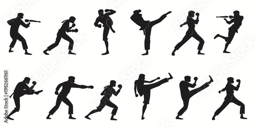 Set of martial arts and karate fighter silhouettes in various dynamic combat poses and kicks with self defense silhouette training exercise physical activity movement technique strength