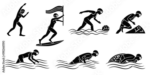 Collection of black water sport icons featuring swimming surfing and diving activities in silhouette swimming activities exercise recreation training competition lifestyle waterfront
