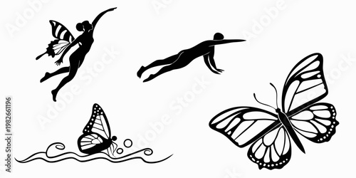 Artistic silhouette set featuring a flying fairy human swimmer and butterfly symbols in black butterfly silhouette graphics creative elements swimming movement creature abstract