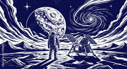 Astronaut on moon surface with planet and galaxy illustration. Design for t-shirt prints, sci-fi book covers, or vinyl stickers. Transparent background SVG version.