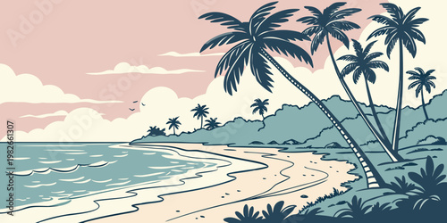 Tropical beach landscape with palm trees at sunset vintage style graphic tropical landscape paradise vacation illustration coastline seascape environment outdoors shoreline