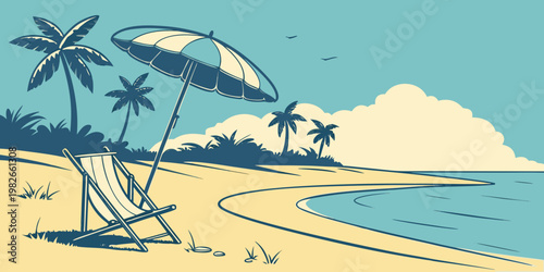 Retro style tropical beach landscape with palm trees and beach chair illustration tropical vacation landscape umbrella coastline paradise tranquil seascape relaxation peaceful