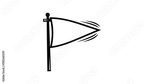 Minimalist black and white illustration of a flag blowing in the wind, simple line art, isolated on white background, conceptual design.