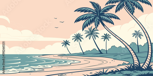 Vintage style tropical beach scenery with palm trees and ocean horizon tropical landscape paradise vacation illustration coastline seascape environment outdoors shoreline