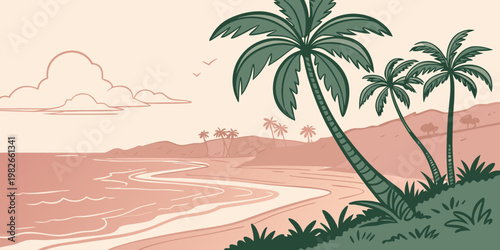 Tropical beach landscape with palm trees and coastal hills vector illustration tropical landscape vacation paradise background illustration relaxing coastline shoreline environment