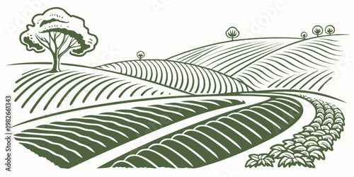 Stylized drawing of rural landscape with green rolling hills and farm fields landscape agriculture countryside illustration cultivation environment plantations minimalist stylized