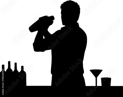 Professional Bartender Silhouette Shaking Cocktail Shaker at Bar Counter with Bottles and Glassware