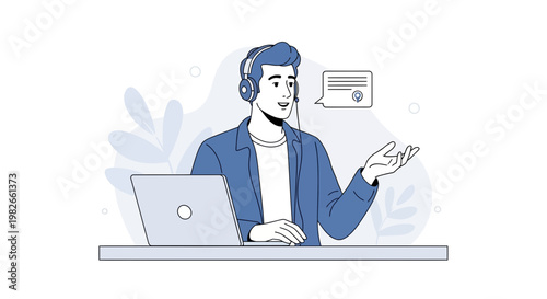 Customer service agent with headset and laptop, offering support and consultation.