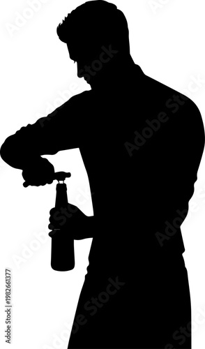 Black silhouette of a man opening a glass bottle with a manual bottle opener on a white background