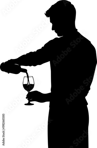 Silhouette of a man pouring wine from a bottle into a glass, sommelier or waiter vector illustration isolated on white background