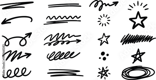 Collection of hand drawn black scribble elements arrows lines stars and decorative flourishes for design projects