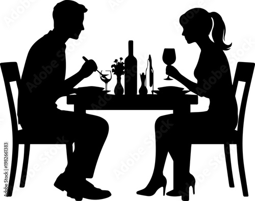 Silhouette of a Couple Having a Romantic Dinner with Wine at a Restaurant Table