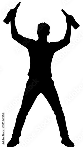 Black Silhouette of a Man Holding Two Beer Bottles Up in Triumphant Celebration