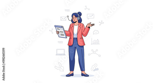 Customer service representative with headset holding tablet, surrounded by business icons