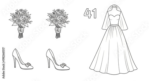 Wedding Dress and Accessories Line Art Illustration.