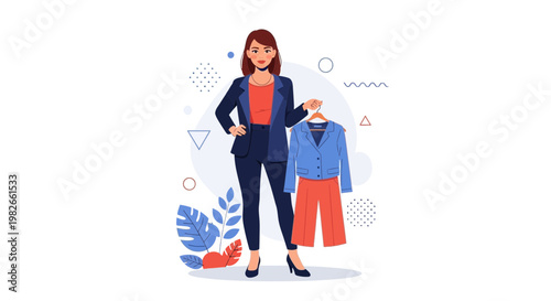 Fashionable woman in business suit holding outfit, style concept