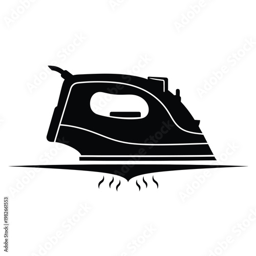 Black silhouette of a steam iron with steam lines below