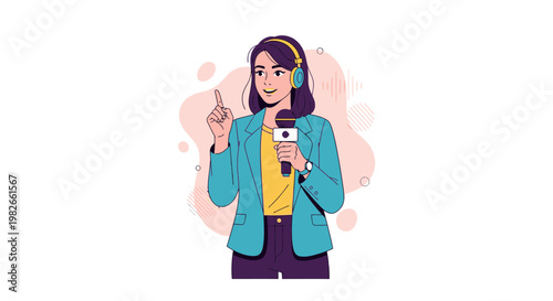 Female Journalist with Microphone and Headphones Reporting News, Vector Illustration