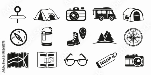 Camping and hiking gear icons set with luggage tag adventure equipment collection signpost binoculars