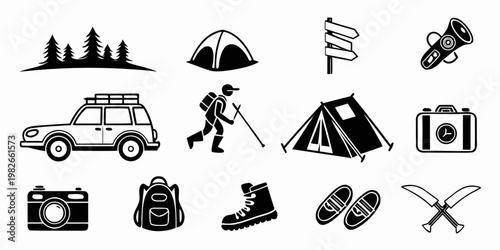 Outdoor adventure and camping gear icons set with hiker tent suv camera hiking boots adventure outdoors backpack recreation exploration signpost flashlight equipment wilderness