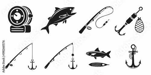 Graphic set of fishing gear and equipment icons in monochrome style with equipment recreation activity silhouette lifestyle vacation wildlife professional navigation transport isolated
