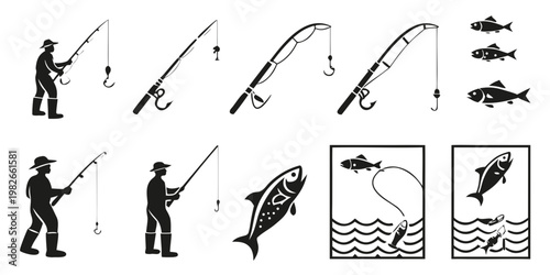 Collection of black and white fishing icons with anglers and various fish species recreation silhouette collection activity illustration equipment professional lifestyle vacation