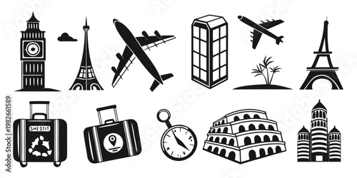 Set of black travel icons featuring famous landmarks airplanes luggage suitcases landmarks airplane vacation monuments adventure silhouette collection suitcase transport international