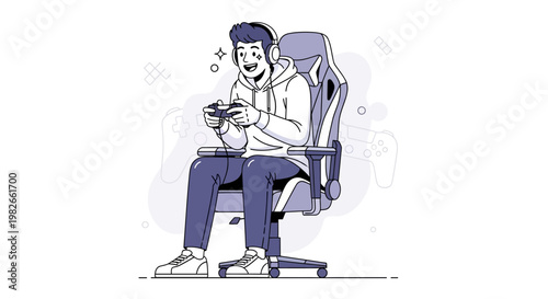 Gamer boy with headphones playing video game on chair, digital art, modern illustration