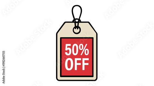 Minimalist vector illustration of a retail price tag icon featuring a 50 percent off discount label, ideal for e-commerce sales, marketing promotions, and business advertising graphics.
