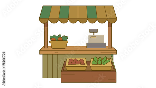 Vector illustration of a shopping counter or market stall featuring a striped awning, cash register, and fresh produce baskets. Minimalist flat design icon for retail business and commerce.