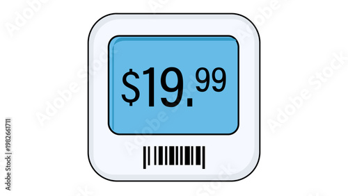 Vector illustration of a modern digital price tag or electronic shelf label displaying a price of nineteen dollars and ninety-nine cents with a barcode, ideal for retail and e-commerce design.