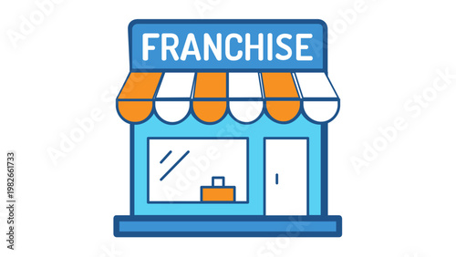 Flat vector icon illustration of a franchise retail storefront building with a blue and orange striped awning and a large sign, representing small business ownership and commercial expansion.