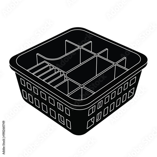 Black plastic dish drainer basket with internal compartments