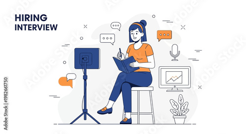 Hiring Interview: Woman conducts online interview with video call and notes