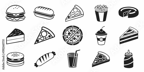 Set of black and white fast food icons featuring burger pizza slices sandwich fries cold drink sandwich collection illustration silhouette restaurant takeaway appetizer beverage
