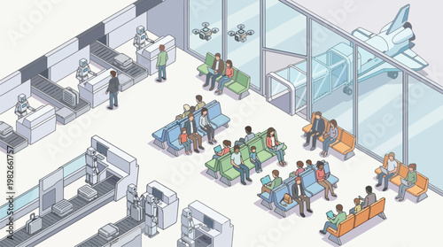 Busy airport passengers waiting inside terminal concourse.