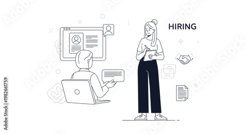 Hiring process illustration: recruitment, job search, online application, and interview.