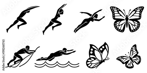 Collection of black silhouettes of swimming figures and butterflies isolated on white background with butterfly swimming silhouette exercise activity collection isolated illustration