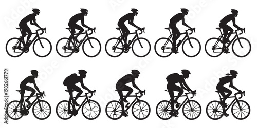 Collection of road cyclist silhouettes in profile view representing various riding postures on racing bicycles with silhouette competition activity exercise training roadster equipment