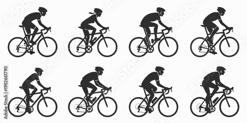 Group of professional cyclist silhouettes in side profile view showing different postures on road bikes with silhouette competition activity exercise training roadster equipment transport