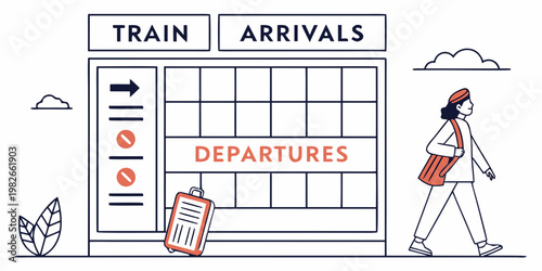 Woman walking past train arrivals and departures board with suitcase departure passenger commuter suitcase transportation terminal platform schedule timetable information mobility