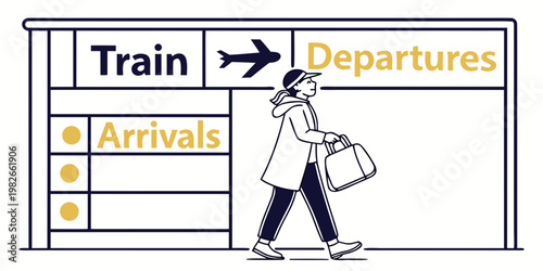 Traveler walking past train and airport departures sign with departure passenger commuter transportation terminal schedule timetable information mobility vacation adventure navigation