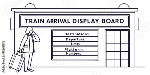 Traveler talking on a mobile phone with luggage near a train arrival display board in a station traveler departure transport passenger terminal commuter platform schedule vacation