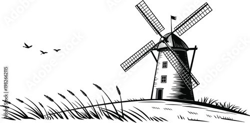 Dutch windmill landscape silhouette, black and white vector illustration of a traditional rural windmill standing in a field with tall grass, ideal for countryside, agriculture