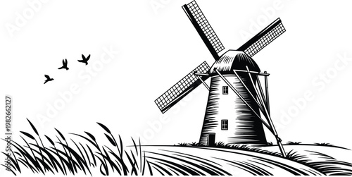 Dutch windmill landscape silhouette, black and white vector illustration of a traditional rural windmill standing in a field with tall grass, ideal for countryside, agriculture